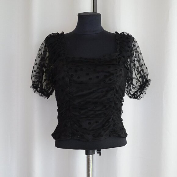 Nordstrom Tops - NWT Puff Sheer Sleeve Black Crop Top Sz L